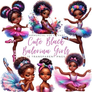 Raccolta di clipart di graziose ballerine nere/15 PNG di alta qualità/Stampe di ragazze afro-nere/Ragazza afroamericana/Grafica di ragazze alla moda