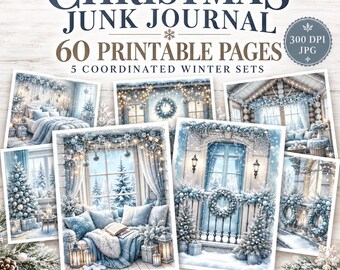 Op de afbeelding: Een digitale collectie getiteld CHRISTMAS JUNK JOURNAL met 60 printbare pagina's in 5 gecoördineerde wintersets. De afbeeldingen tonen besneeuwde scènes, versierde kerstbomen, kransen en gezellige interieurs in blauwe en witte tinten.