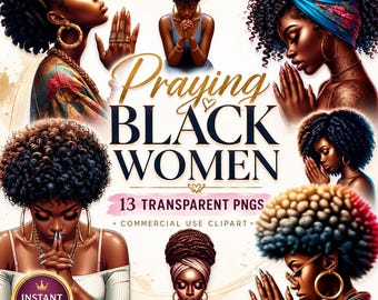 Pacote de imagens PNG de mulheres negras em oração, clipart PNG de mulher cristã para diários de oração, camisetas e copos.