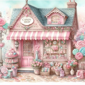 Paquete de 10 imágenes prediseñadas de tienda de dulces Shabby Chic, archivos JPG de acuarela, papel para scrapbooking, creación de tarjetas, impresiones digitales, papel imprimible
