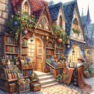 May include: Watercolor illustration of a whimsical bookstore with multiple stories and a variety of books. The building has a wooden door, stone walls, and a red roof. A wizard stands outside, reading a book.