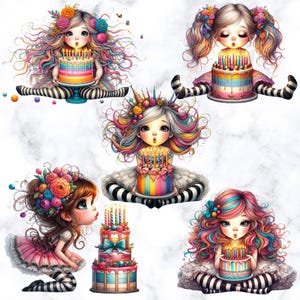 Pastel de cumpleaños de niña peculiar (clip art)/10 PNG de acuarela de alta resolución/Impresión a pedido, sublimación, regalo peculiar, scrapbooking, descarga digital de impresiones