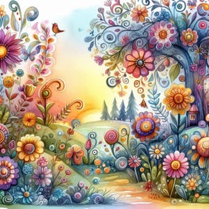 Paquete de imágenes prediseñadas digitales de papel colorido con paisaje florido caprichoso/10 imágenes en acuarela de alta resolución JPG para diario basura, álbumes de recortes, tarjetas e impresiones