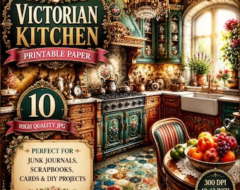 Victorian Kitchen Printable Paper, Watercolor Cottagecore Kitchen Backgrounds for Junk Journals & Scrapbooking
