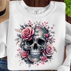 Glitter Floral Skull PNG - Trendige Gothic Sublimation Clipart, Shabby Chic Schädel mit Blumen, Halloween & Boho Digital Download PNG
