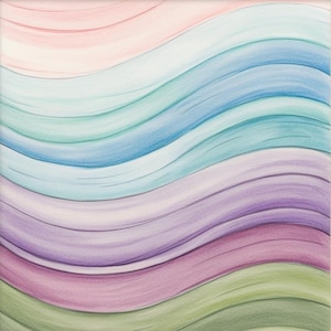 Può includere: Opera d'arte astratta con linee ondulate e fluide in uno spettro di colori pastello. La composizione comprende sfumature di rosa, azzurro, verde, viola e bianco, creando un effetto morbido e strutturato che ricorda un acquerello.