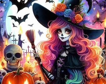 Halloween Witch Clipart Set – Shabby Chic Watercolor 13 JPG, Vintage Witch Illustration Bundle for Junk Journals, Scrapbooking & Card Making