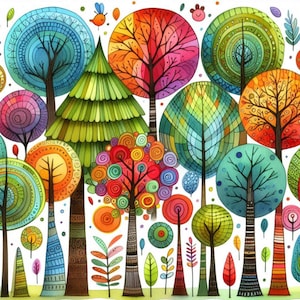 Whimsical Quirky Trees Colorful Clipart Bundle 10 High Res Watercolor JPGs for Junk Journal Scrapbooking Card Making Digital Download Prints