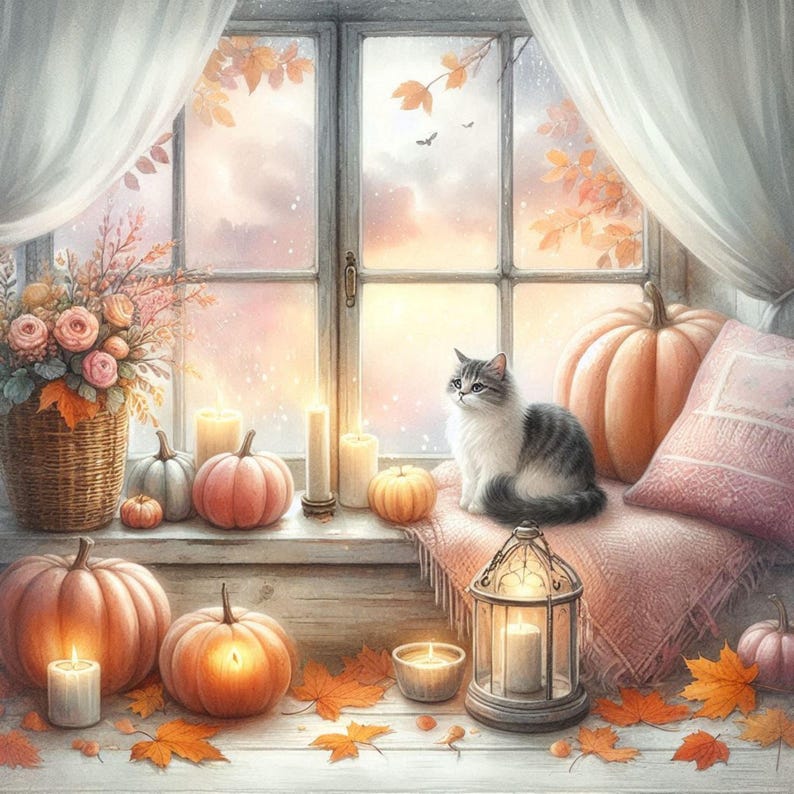 Fall Window With Cat Clipart–shabby Chic Cottage Scene –watercolor ...