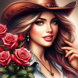 Clipart cow-girl romantique, graphismes thème western, illustrations cow-girl rétro, images numériques country western, téléchargement immédiat, cow-girl JPG