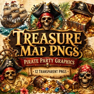 Pirate Treasure Map PNG Clipart Bundle, Vintage Nautical Fantasy Map Elements for Junk Journals, Scrapbook and Pirate Party Printables