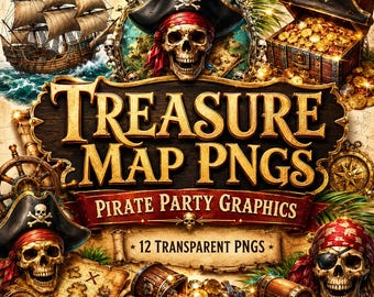 Pirate Treasure Map PNG Clipart Bundle, Vintage Nautical Fantasy Map Elements for Junk Journals, Scrapbook and Pirate Party Printables