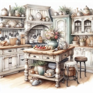 Shabby Chic Rustic Kitchen Islands ClipArt Bundle 10 Acquerelli JPG Junk Journal Scrapbooking Card Making Stampe digitali Creazione Stampabile