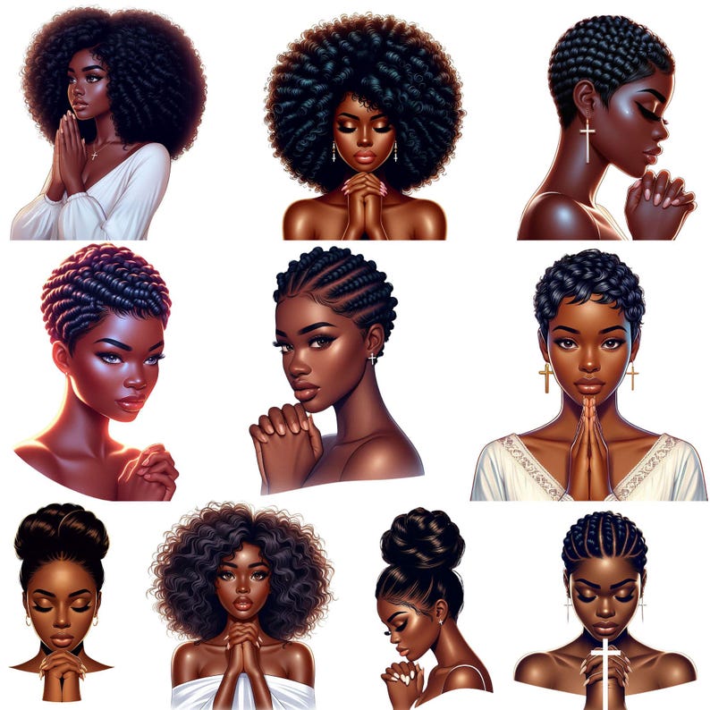 African American woman praying clipart bundle for faith journaling and planner use