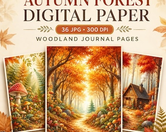 Autumn Forest Digital Paper Bundle, Fall Junk Journal Pages, Woodland Scrapbook Paper, Cozy Cabin Mushroom JPG 300 DPI