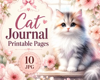May include: Watercolor illustration of a fluffy cat with blue eyes, surrounded by pink flowers. The image features the text "Cat Journal Printable Pages" and "10 JPG" in a decorative frame, suggesting a digital product.