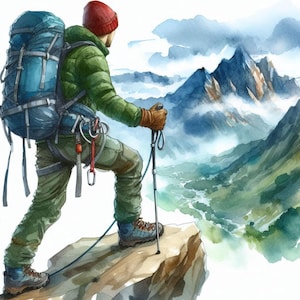 Pacchetto di clipart di alpinisti/12 alpinisti maschi in acquerello JPG/Junk Journal/Scrapbooking/Creazione di biglietti/Carta per stampa digitale/Stampabili
