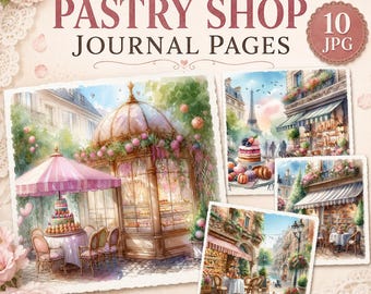 Pastry Shop Junk Journal Pages, 10 Romantic Watercolor Bakery Printables in Shabby Chic Style