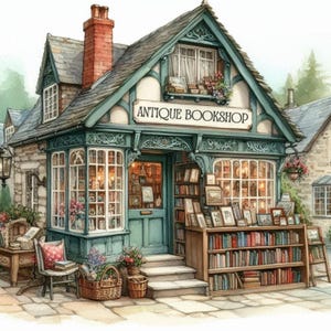 Ensemble de 10 images clipart de librairie ancienne haute résolution JPG aquarelles pour journalisation indésirable, scrapbooking, fabrication de cartes, téléchargement numérique pour camping-car, fantaisie