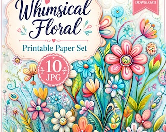 Whimsical Floral Printable Paper Pack, Watercolor Flower Junk Journal Pages, Scrapbook Paper JPG Bundle