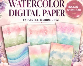 Bundel met digitale aquarelpapieren, 12 pastelkleurige ombre-gradient JPG's voor scrapbooking