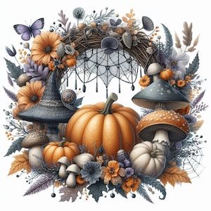 Cottagecore Halloween Wreath PNG Bundle – 20 Watercolor Clipart, Fall Pumpkin Floral Wreaths, Rustic Autumn Decor, Transparent Background