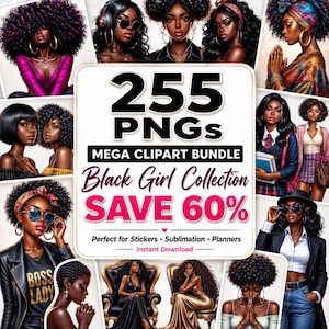 255 Black Girl Clipart Bundle PNG, Afro Woman Collection, Melanin Art Bundle, African American Clipart Set, Sublimation Designs