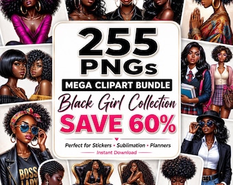 Paquete de 255 imágenes prediseñadas de chicas negras en formato PNG, colección de mujeres afroamericanas, paquete de arte con melanina, conjunto de imágenes prediseñadas afroamericanas, diseños para sublimación.