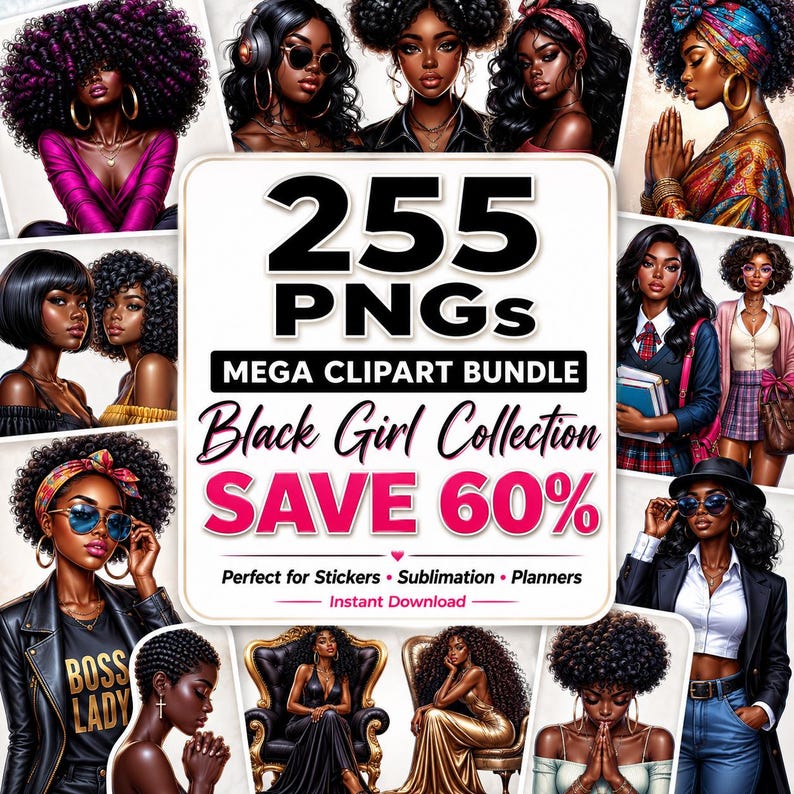 255 Black Girl Clipart Bundle PNG, Afro Woman Collection, Melanin Art Bundle, African American Clipart Set, Sublimation Designs