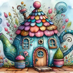 Skurrile, wunderliche Teekanne Haus Clipart Bundle 10 hochauflösende Aquarell JPGs Junk Journaling Scrapbooking Kartenherstellung Digital Download Fantasy