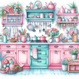 Paquete de imágenes prediseñadas de cocina rosa y turquesa/10 archivos JPG de acuarela de alta resolución para diario basura/álbumes de recortes/creación de tarjetas/archivo digital/impresión/imprimibles