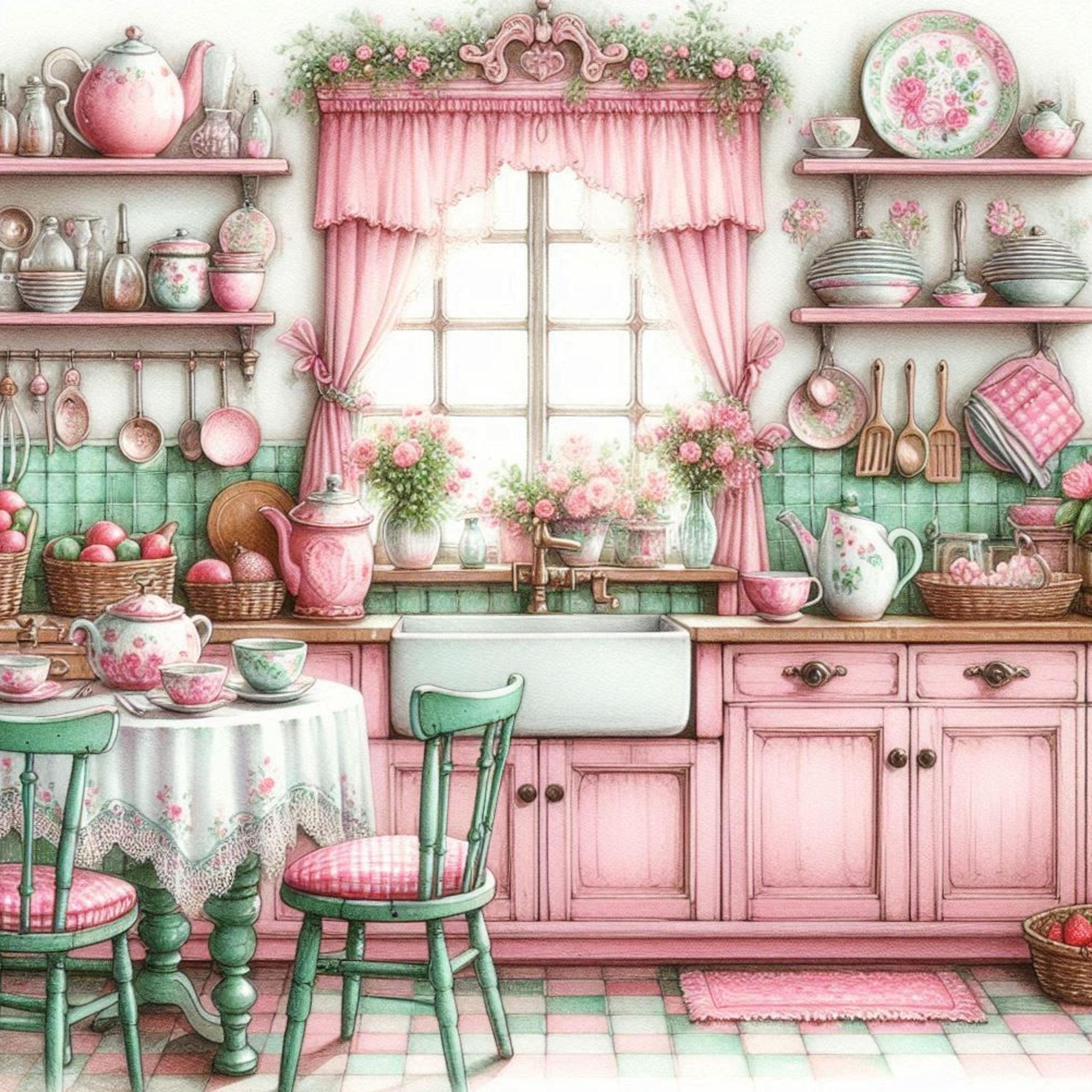 Shabby Chic Kitchen Clipart – Pink & Mint Green Watercolor Interiors ...