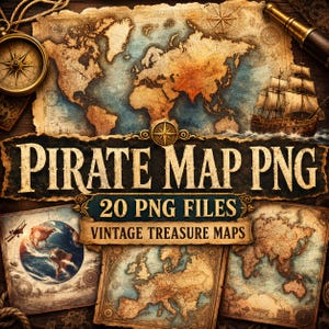 Pirate Treasure Map PNG Bundle, Vintage Old Map Printable, Scavenger Hunt Game, Pirate Party Digital Download