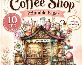 Paquete de papeles imprimibles para cafeterías, imágenes JPG de cafés con acuarelas originales, páginas acogedoras para diarios creativos sobre cafeterías, fondos para álbumes de recortes.
