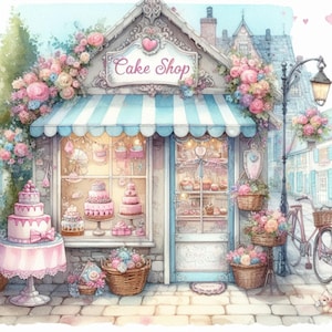 Lot de 10 cliparts Shabby Chic Cake Shop aquarelle JPG Junk Journal, papier de scrapbooking, impression numérique, création d'étiquettes, page imprimable