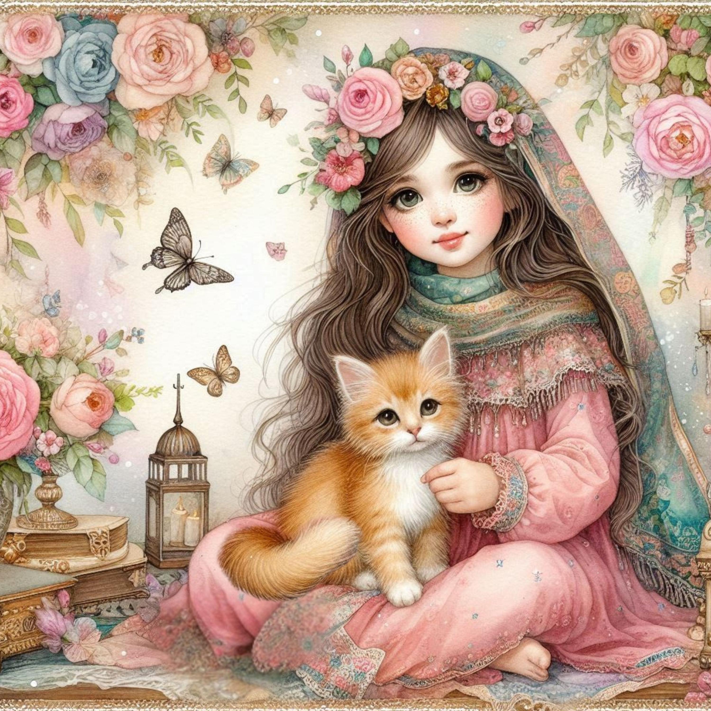 Shabby Chic Girl With Kitten Clipart Bundle/10 Watercolour JPG Junk ...