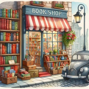 Retro Bookshop 2 Clip Art Bundle 10 Aquarela JPG Junk Journal Scrapbooking Papel digital Criação de cartões Impressões digitais Criação de imprimíveis