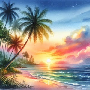 Paquete de imágenes prediseñadas de escenas de atardecer en la playa/12 archivos JPG de arena oceánica en acuarela para diario basura/álbumes de recortes/creación de tarjetas/papel de impresión digital/descargable