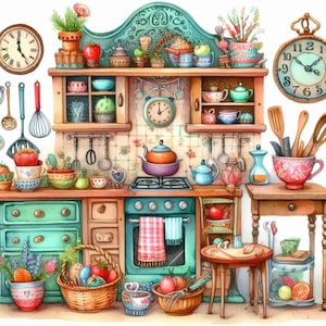 Ensemble de 10 cliparts de cuisine originale et fantaisiste, 10 fichiers JPG Aquarell haute résolution pour journalisation indésirable, scrapbooking, fabrication de cartes imprimables en téléchargement numérique