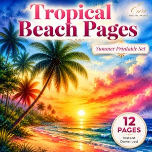 Paquete de papeles digitales de atardeceres en playas tropicales, imprimibles de océano costero, fondos de verano con palmeras, páginas para álbumes de recortes de vacaciones.