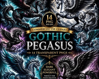 May include: A digital art collection featuring 14 Gothic Pegasus images. The illustrations showcase winged horses in various poses, with dark, elegant designs. The images include text that reads "Commercial Use Clipart" and "Dark Elegant Powerful".