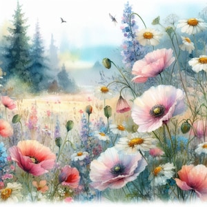 Shabby Chic Summer Wildflowers Scenery Clip Art Bundle 10 Watercolour JPG Junk Journal Scrapbooking Digital Paper Prints Creation Printables