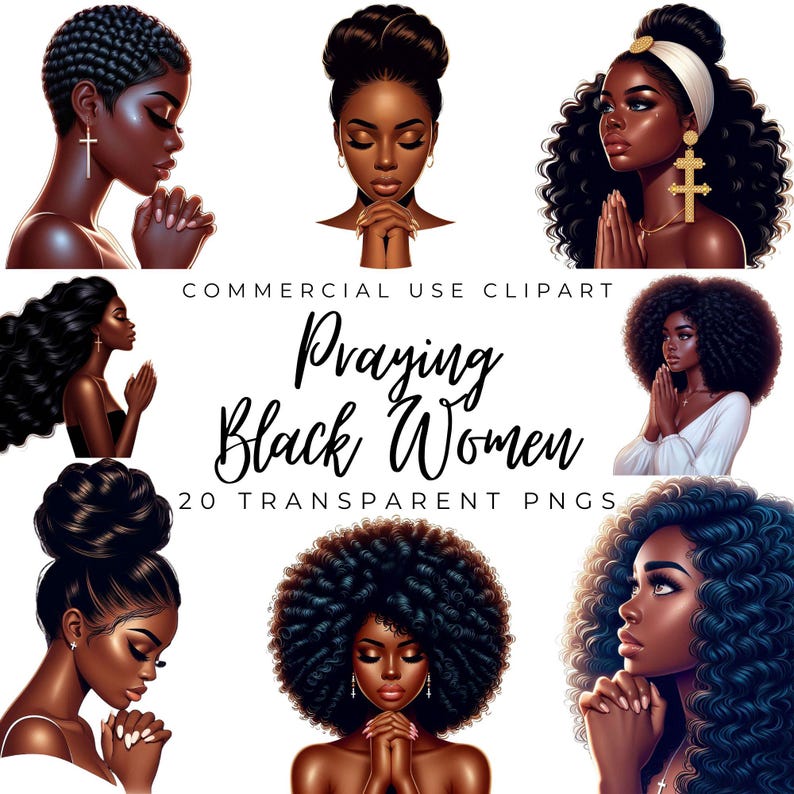 Black girl praying clipart bundle featuring African American faith prayer illustrations for Christian planners, journals and devotionals.