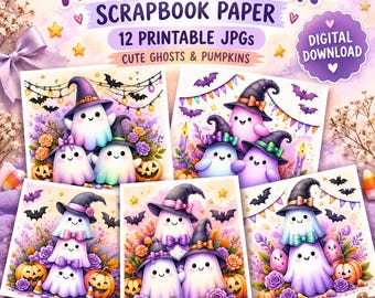 May include: A digital download set of 12 printable scrapbook paper sheets featuring pastel Halloween illustrations of cute ghosts wearing witch hats, pumpkins, bats, and floral accents with the text Pastel Halloween Scrapbook Paper.