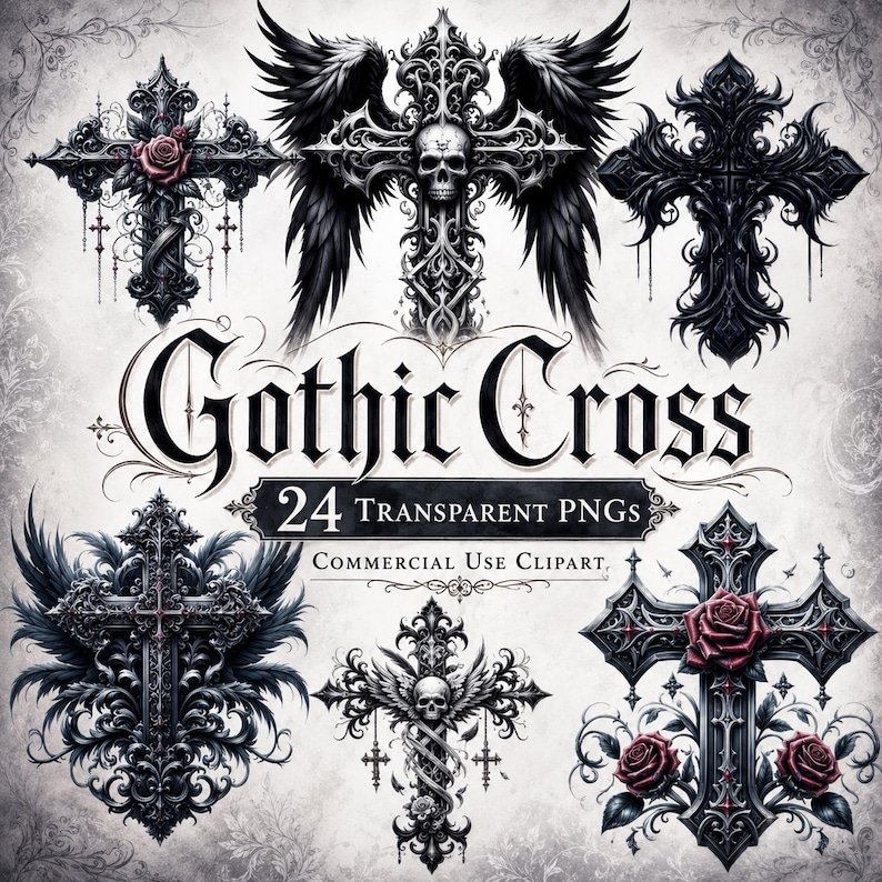 Gothic cross clipart bundle with black watercolor gothic crosses in PNG format, dark gothic printable graphics