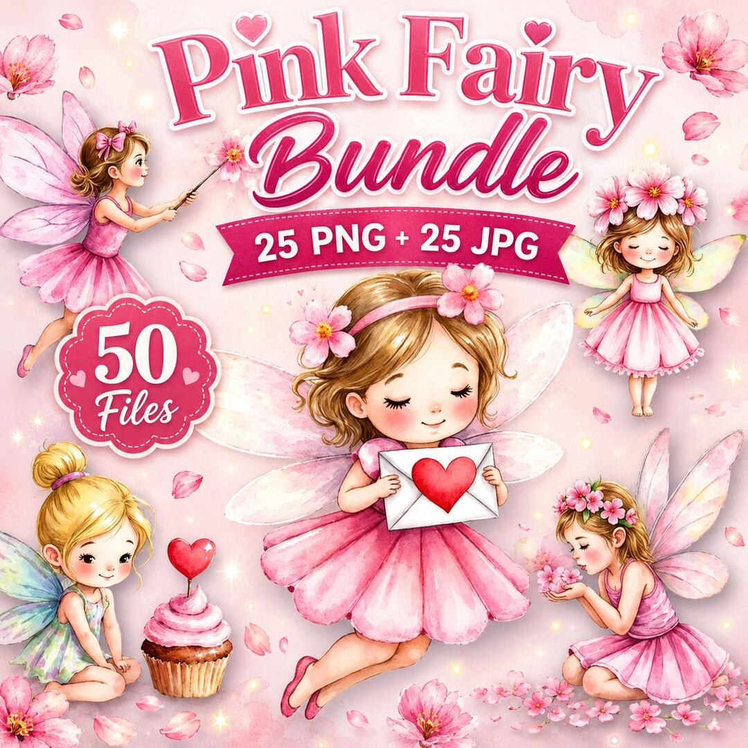 Pink Fairy Clipart Bundle, 25 PNG and 25 JPG Cute Princess Fairy ...