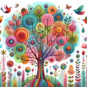 Whimsical Quirky Tree Colorful Clip art Bundle 13 High Res Watercolor JPGs for Junk Journal Scrapbooking Card Making Digital Download Prints