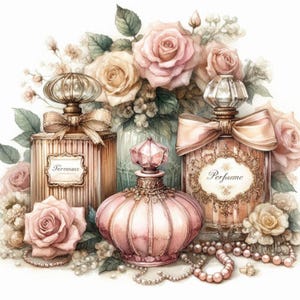 Paquete de imágenes prediseñadas de frascos de perfume victorianos de estilo shabby chic/10 archivos JPG de acuarela para diario basura/álbumes de recortes/fabricación de tarjetas/archivo digital/papel para impresión