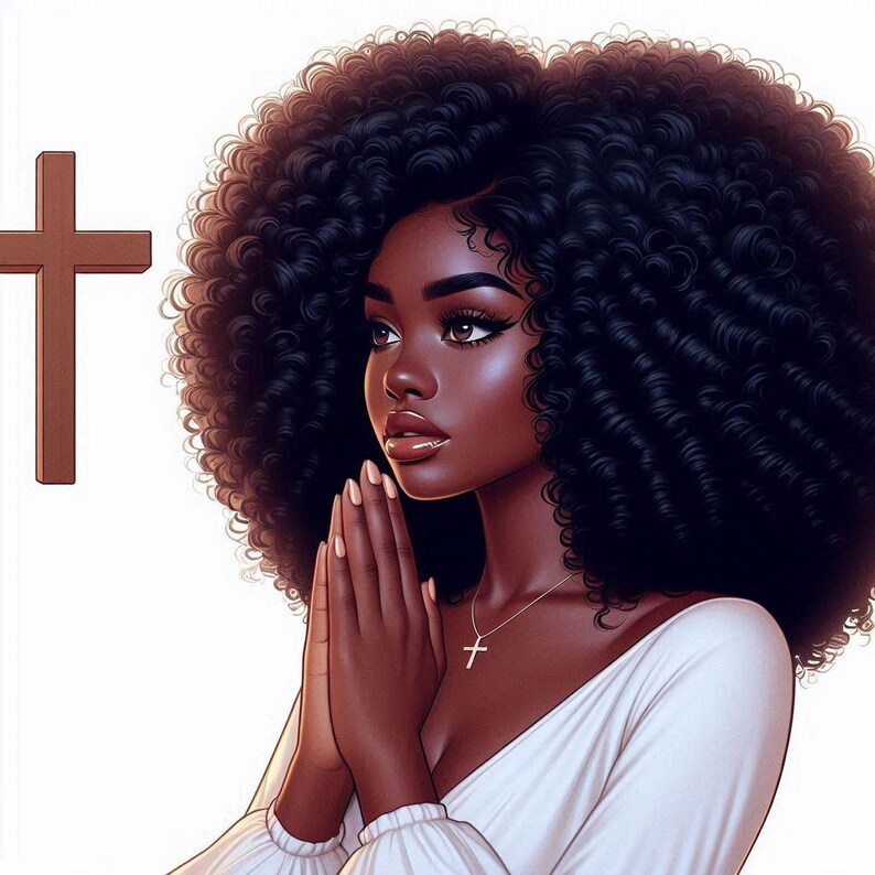 Faith based Black woman praying digital clipart bundle with transparent background