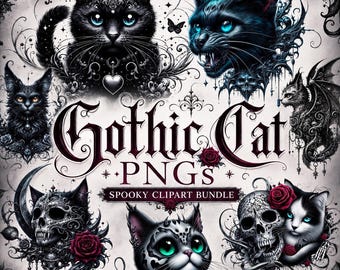 Gothic Black Cat PNG Clipart Bundle, Dark Fantasy Witchy Cat Graphics, Spooky Halloween Animal Art for Stickers, Scrapbook and Sublimation